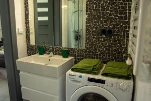 La salle de bains est pourvue d'un lave-linge et d'un lavabo. dans l'établissement DOMINO-APARTAMENTY Green, à Krościenko nad Dunajcem