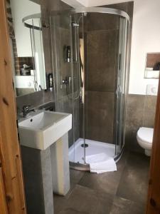 a bathroom with a shower and a sink and a toilet at Hotel Il Cavallino in Warendorf
