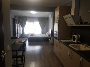 a room with a bed and a kitchen with a sink at LUXURY SUITES 3 in Karlovo