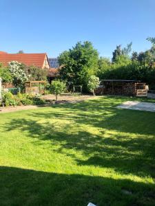 a large yard with a large shadow of a tree at Modernes Zimmer mit Küchenzeile und Bad in Groß Denkte