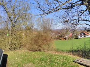 a view of a field with a house in the background at Jagdhaus im Grünen, mit Sauna in Kulmbach