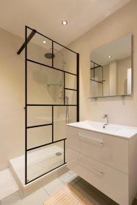 a bathroom with a sink and a glass shower at Le petit Barclay - Appartement privé de 45 m2 - 2 a 4 personnes - Parking gratuit in Metz