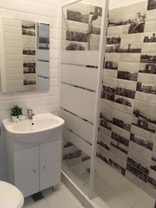a bathroom with a white sink and a shower at EUROPEAN HOUSE in Constanţa