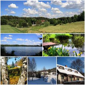 a collage of photos of different houses and a lake at Agroturystyka Szafarnia 19 in Kurzętnik