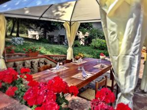 a wooden table under an umbrella with red flowers at Agriturismo Bicocchi in Piteglio