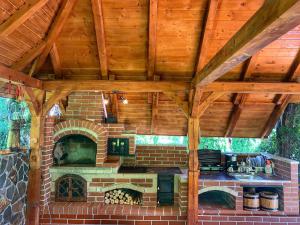 an outdoor kitchen with a brick oven at Pensiunea Eladi in Borşa