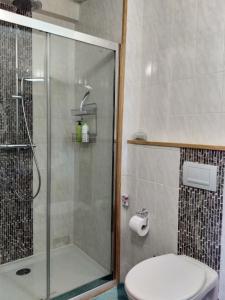 a bathroom with a toilet and a glass shower at Chez Casimir in Cercy-la-Tour