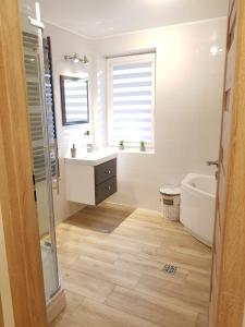 ein Badezimmer mit Waschbecken, Badewanne und Fenster in der Unterkunft Willa Sandra in Szczawnica + 3 Fotos