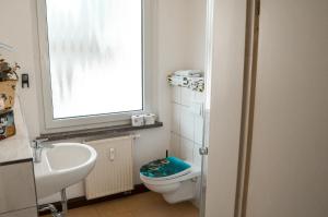 ein Bad mit einem WC, einem Waschbecken und einem Fenster in der Unterkunft Quartier Annekathrin in Rudolstadt