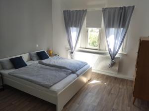 een slaapkamer met een bed en 2 ramen bij Bleibegern - Ihr Zuhause in Rotenburg in Rotenburg an der Fulda