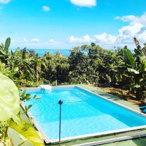 a blue swimming pool with a view of the ocean at La bulle aux étoiles in Sainte-Rose