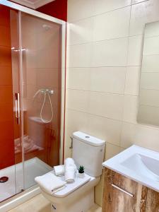 a bathroom with a toilet and a shower and a sink at Apartamento El Socaire Playa Trengandín in Noja