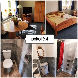 un collage de fotos de una habitación con cama y mesa en Penzion u Krtka en Kraslice