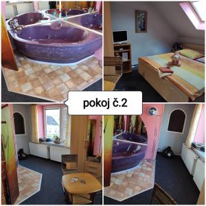 a collage of pictures of a bathroom with a purple tub at Penzion u Krtka in Kraslice