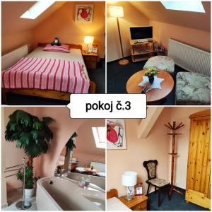 a collage of photos of a bedroom and a bathroom at Penzion u Krtka in Kraslice