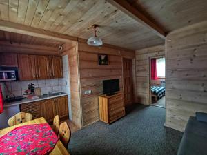 a kitchen and living room of a log cabin at Apartamenty Stasikowa Chata in Białka Tatrzańska