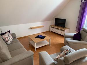 a living room with two couches and a television at Heidewohnung in Soltau