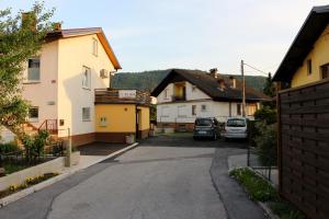 a street with two houses and two cars parked at Apartment and room Anica in Tolmin