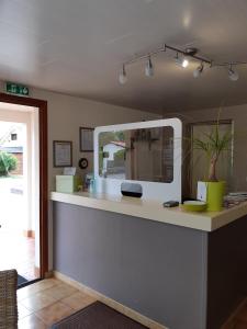 a counter in a room with a mirror at Hotel Les Pins in Hourtin