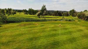 a view of a green golf course with a flag at Hotel Pod Kokšínem in Spálené Poříčí