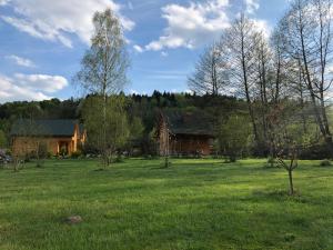 ein Haus inmitten eines Feldes mit Bäumen in der Unterkunft Roztoczańskie Chatki in Kaczórki