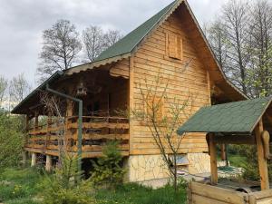 Kaczórki的住宿－Roztoczańskie Chatki，小木屋,设有绿色屋顶