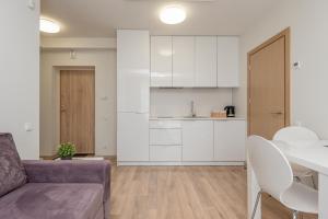 ein Wohnzimmer mit Couch und Küche in der Unterkunft Apartament Malūno in Palanga