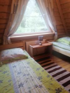Habitación pequeña con 2 camas y ventana en Magellan Domki en Cisna
