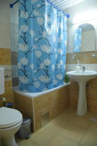 a bathroom with a blue shower curtain and a toilet and sink at Petrograd Apart. in Bitola