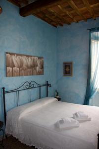 a bedroom with a white bed with blue walls at Buonanotte in Lucca