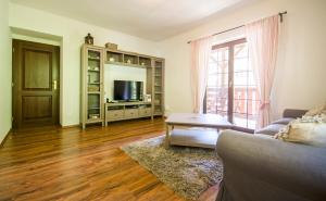 a living room with a couch and a television at Apartmány Hrabovská dolina in Ružomberok