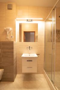 La salle de bains est pourvue d'un lavabo et d'une douche. dans l'établissement Willa Oskar, à Władysławowo