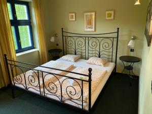 um quarto com uma cama preta e 2 almofadas em Apartments Merlin em Mariánské Lázně