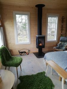 a living room with a wood stove in a room at Eremitstuga Detox resort in Köpmannebro