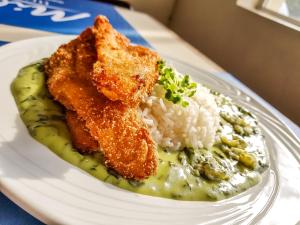 a plate of food with chicken and green sauce and rice at Milão Hotel in Porto Alegre
