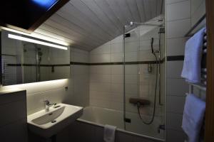 a bathroom with a sink and a shower and a tub at Hotel Cabana in Grindelwald +88 photos