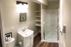 a bathroom with a shower and a sink and a toilet at Bear Valley Guesthouse in Stewart +55 photos