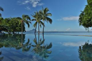 un bassin d'eau avec des palmiers et l'océan dans l'établissement Maradiva Villas Resort and Spa, à Flic-en-Flac