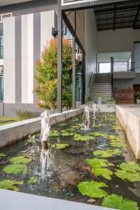a fountain in a pond with lily pads at B3 Hotel in Nakhon Si Thammarat