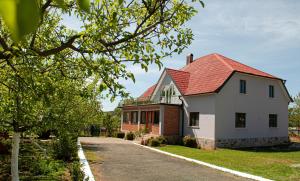 een wit huis met een rood dak en een oprit bij N'konak Guesthouse in Pukë