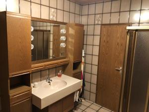 a bathroom with a sink and a mirror at Pension Fischer in Bad Driburg +58 photos