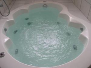 a bath tub filled with green water in a bathroom at Hotel Urubupunga in Ilha Solteira