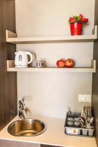 a kitchen counter with a sink and shelves at Hotel Bono in Budva