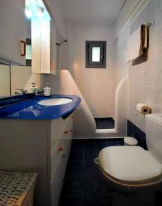 a bathroom with a white toilet and a blue sink at Nefeli in Livadi +37 photos