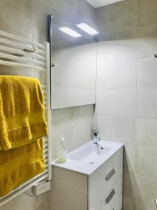 une salle de bain avec un lavabo et un miroir dans l'établissement Appt 5pers Centre St Jean de Luz - Calme - Grande Plage à 2mn - Balcon, à Saint-Jean-de-Luz 8 autres photos