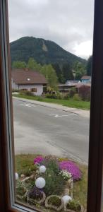 a view of a street from a window with flowers at Haus Elena am Semmering in Steinhaus am Semmering