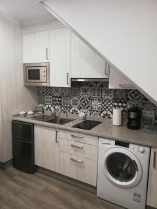 una cocina con fregadero y lavadora en Apartamentos SEOANE, en Finisterre