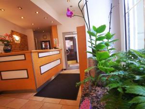 a lobby with a counter and some plants at Jakoberhof in Augsburg