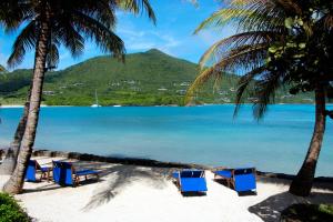 a beach with blue chairs and palm trees at Canouan Estate Resort & Villas in Canouan