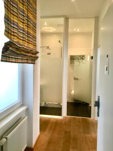 baño con ducha y ventana en Stein Boardinghouse en Coblenza